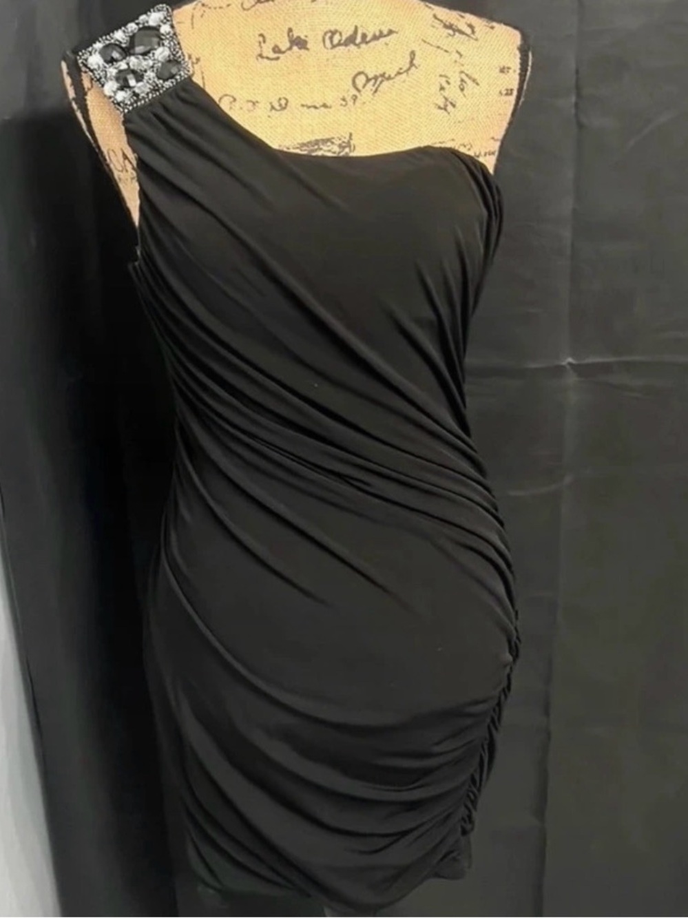 City Triangles Black One-Shoulder Ruched Dress with Jeweled Accent